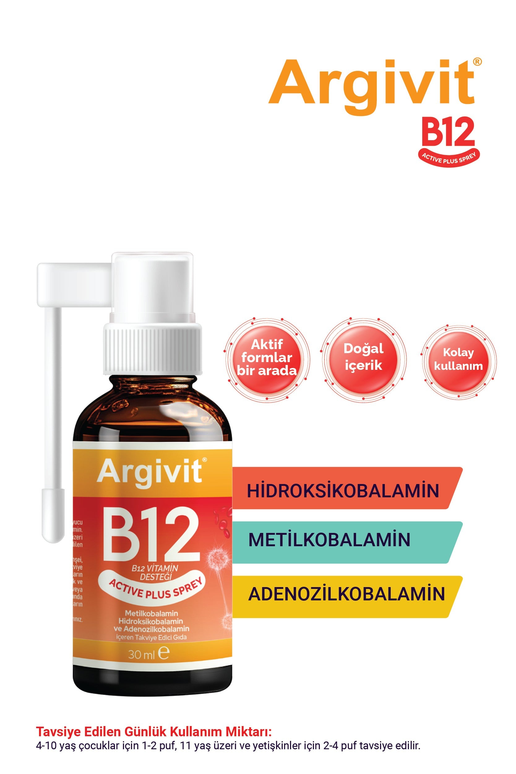Argivit Active Plus B12 Vitamin (Metilkobalamin, Hidroksikobalamin ve Adenozilkobalamin) Sprey 30 ml