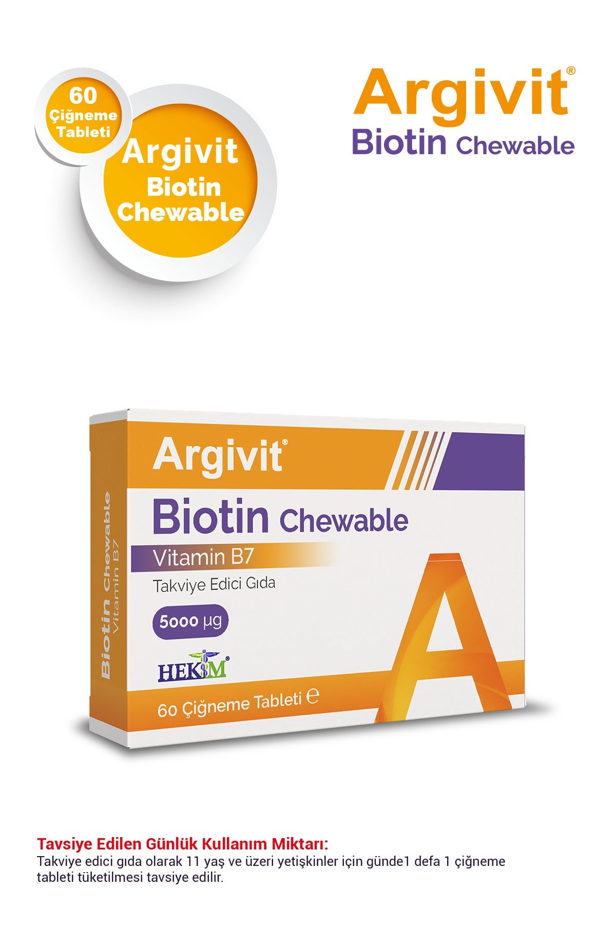 Argivit Biotin Chewable (B7 Vtitamini) İçeren Takviye Edici Gıda 60 Çiğneme Tableti