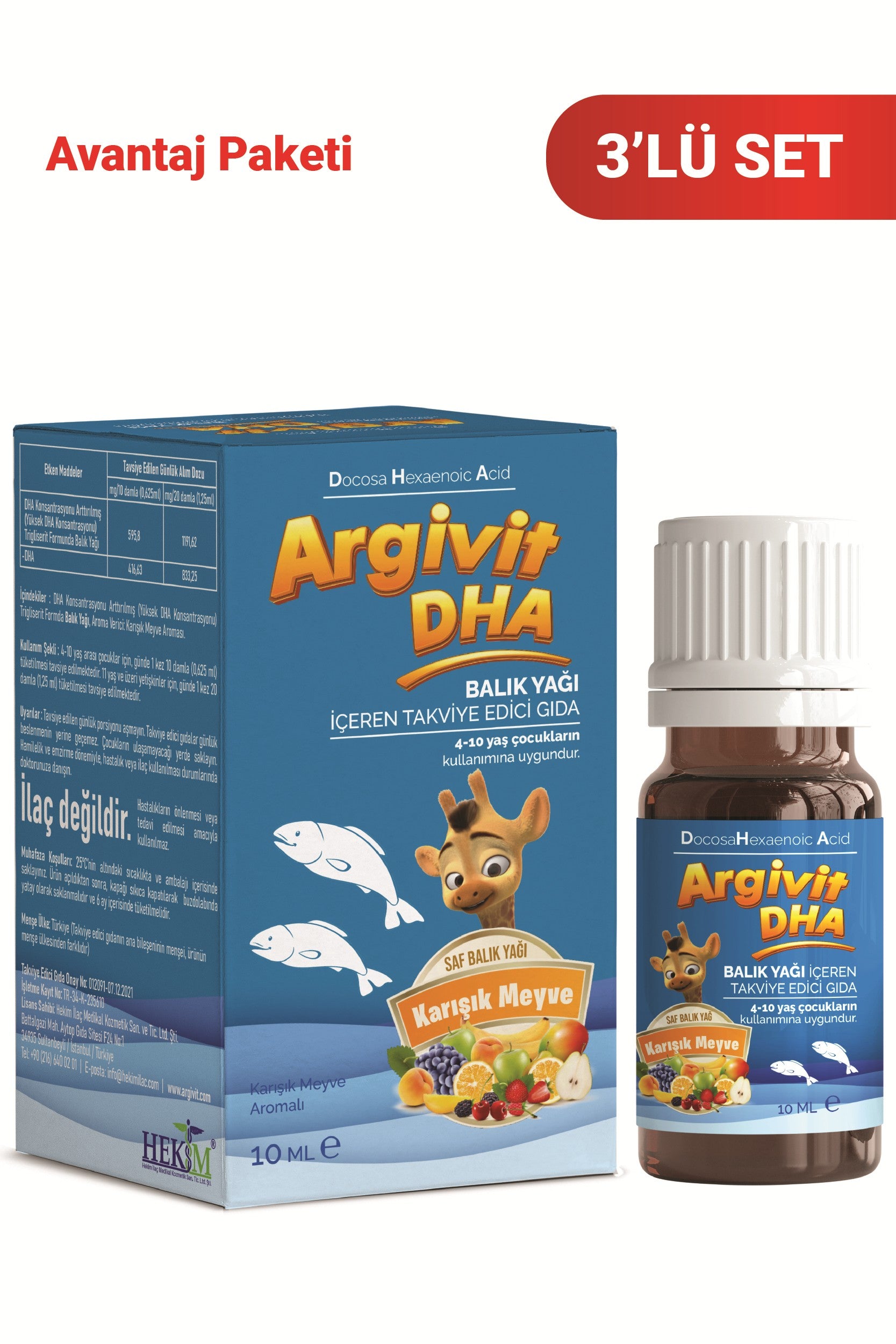 Argivit DHA 10 ml Damla Balık Yağı İçeren Takviye Edici Gıda 3’lü Paket - Karışık Meyve Aromalı