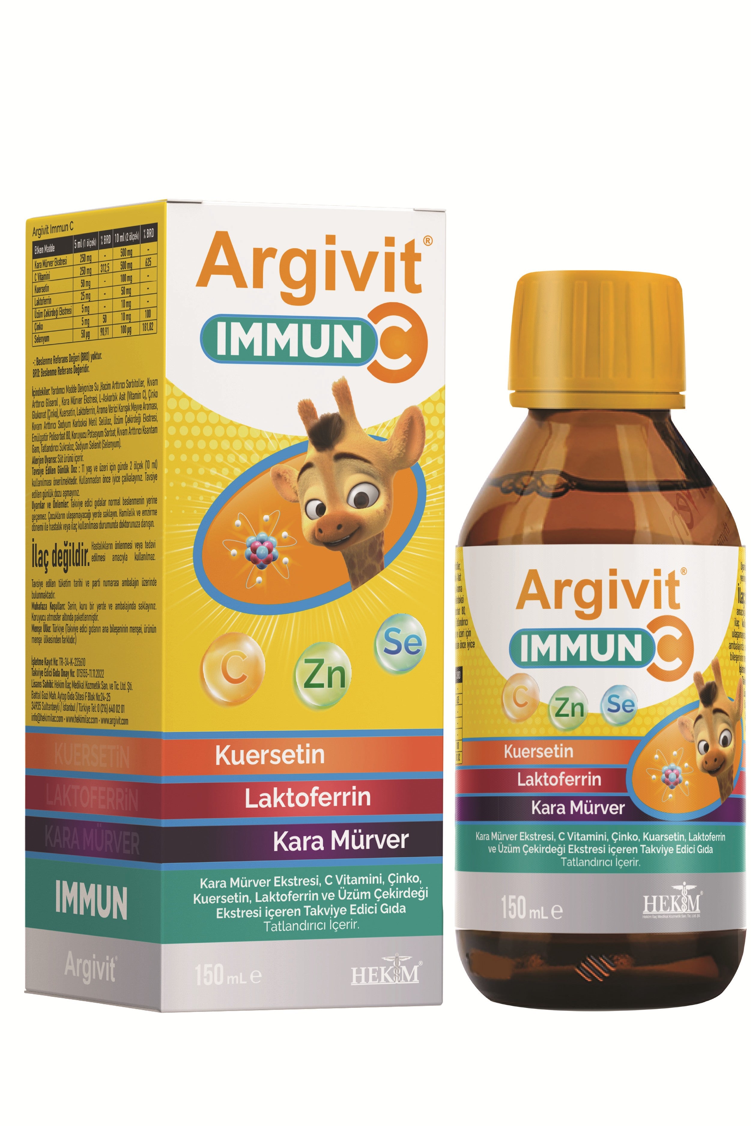 Argivit Immun C Şurup ( Kara Mürver, C Vitamini, Çinko, Kuersetin, Laktoferrin, Üzüm ) 150 ml - Karışık Meyve Aromalı