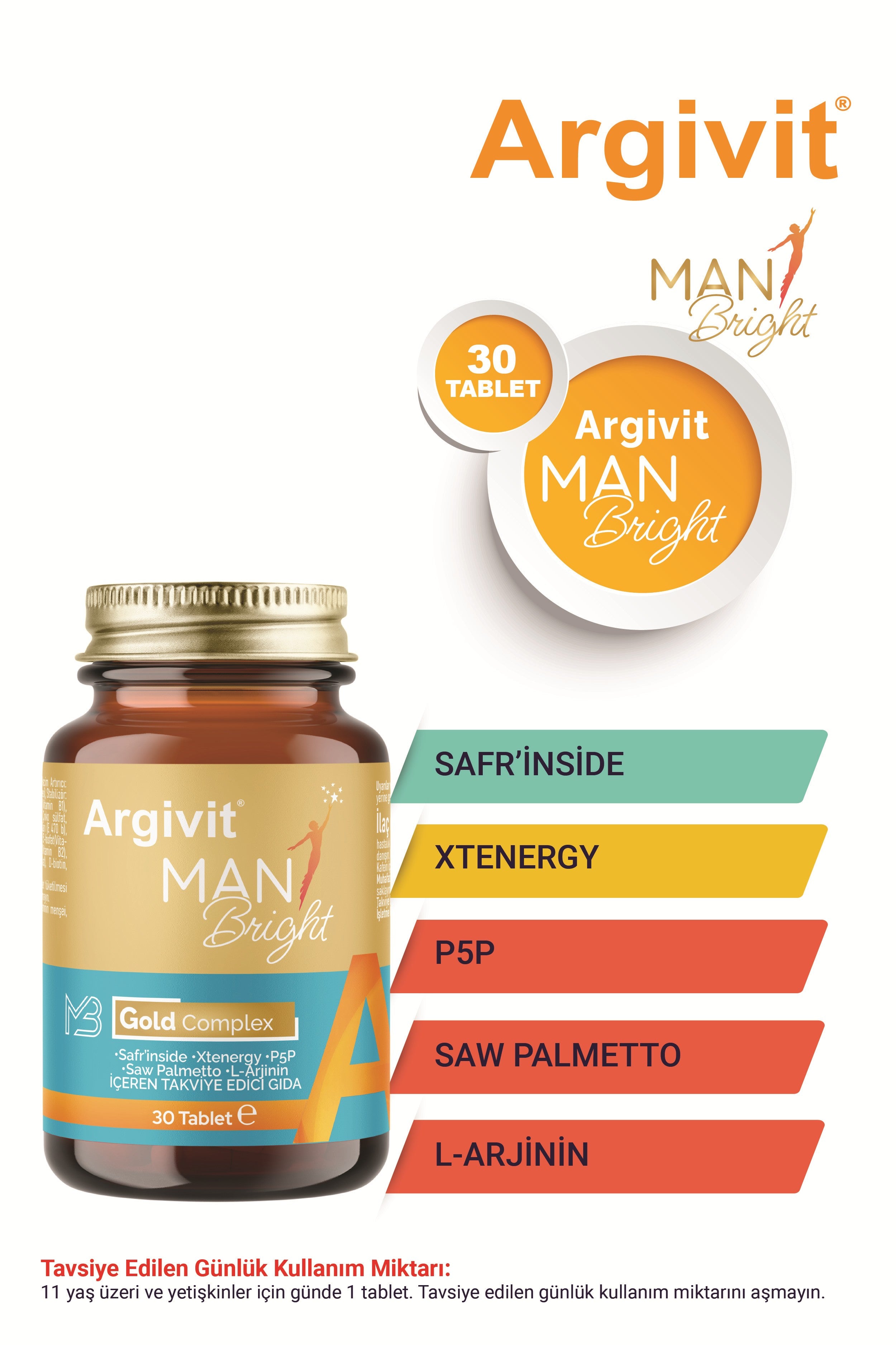Argivit Man Bright Tablet ( Cüce Palmiye (Saw Palmetto), Safran, Isırgan ve L-Arjinin ) 30 Tablet