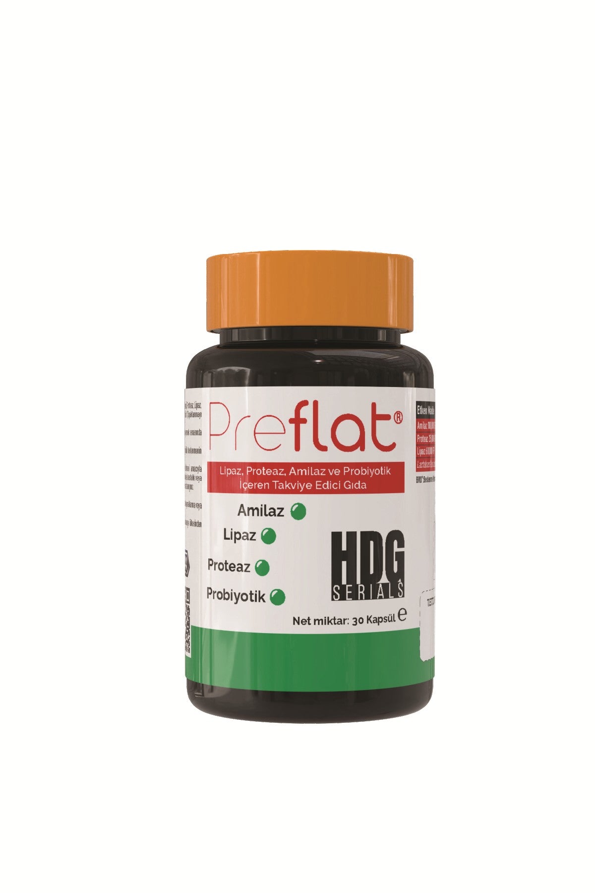 HDG Serials Preflat Lipaz, Proteaz, Amilaz ve Probiyotik İçeren 30 Kapsül