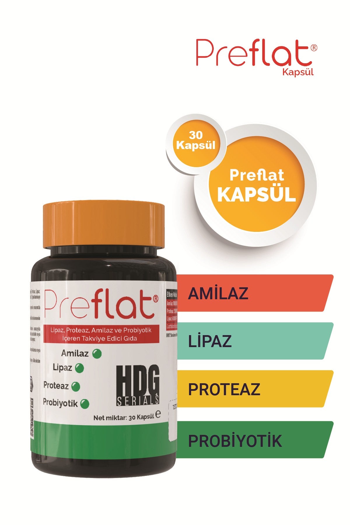 HDG Serials Preflat Lipaz, Proteaz, Amilaz ve Probiyotik İçeren 30 Kapsül
