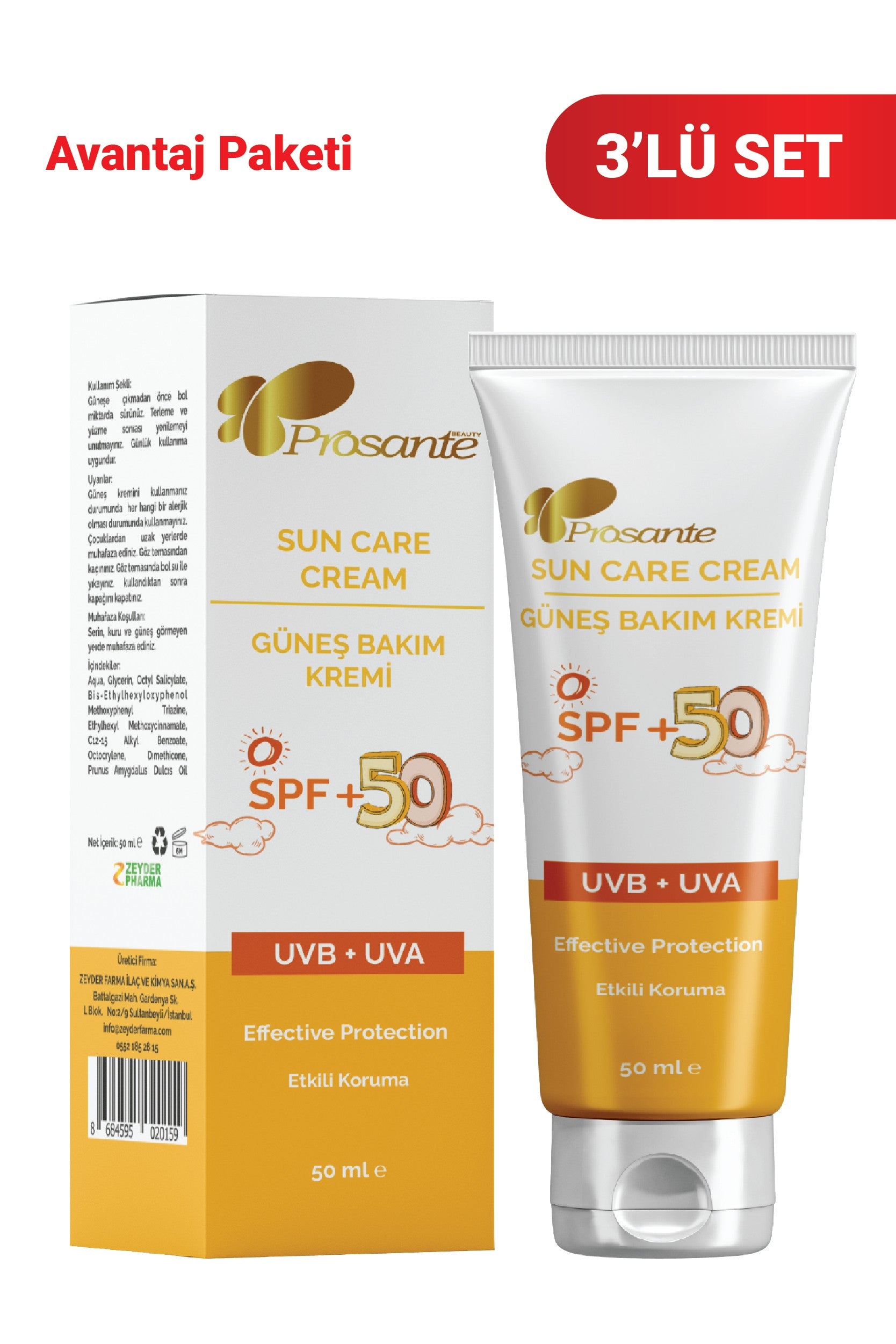 Prosante Güneş Bakım Kremi Etkili Koruma SPF 50+UVB UVA 3'lü Paket
